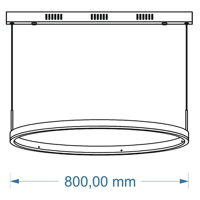 Direct Signs LED-Pendelleuchte rund Noble Akus – CCT - 50 W, Ø x H: 80 x 150 cm, Holzdekor, Warmweiß - Technische Zeichnung einer hängenden runden LED-Pendelleuchte, 800 mm Durchmesser.