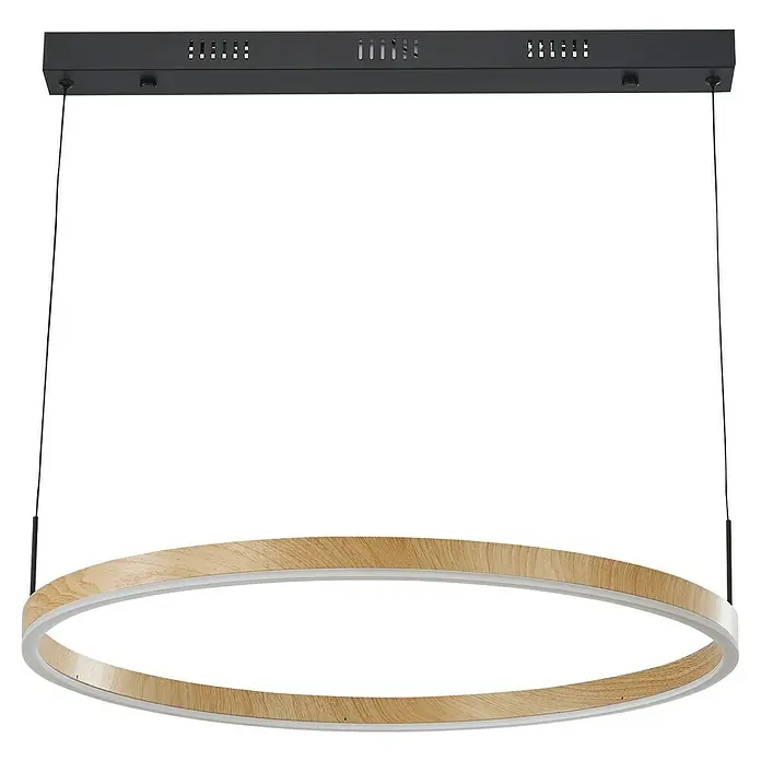 Direct Signs LED-Pendelleuchte rund Noble Akus – CCT - 40 W, Ø x H: 60 x 150 cm, Holzdekor, Warmweiß - Schwarze LED-Pendelleuchte mit rechteckigem Sockel und abgehängtem, rundem Lichtring in heller Holzoptik.