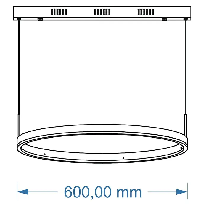 Direct Signs LED-Pendelleuchte rund Noble Akus – CCT - 40 W, Ø x H: 60 x 150 cm, Holzdekor, Warmweiß - Strichzeichnung einer runden Pendelleuchte mit 600 mm Durchmesser, von der Decke abgehängt.