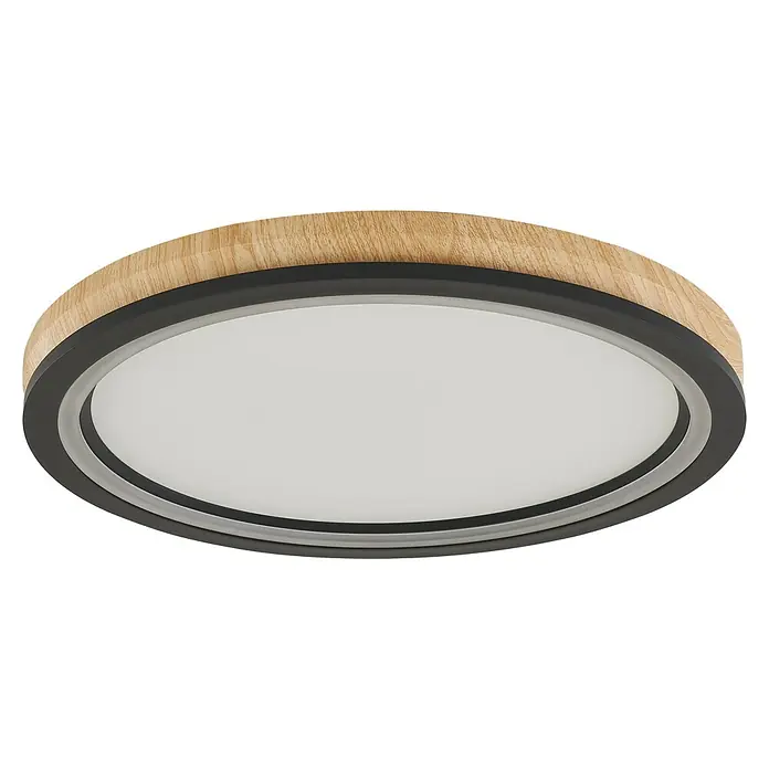 Direct Signs LED-Deckenleuchte rund Tobi Akus - 48 W, Ø x H: 44,4 cm x 43 mm, Schwarz, Holzoptik, Warmweiß - Runde Deckenleuchte mit hellem Holz-Rand, dunkelgrauem Innenring und weißem Diffusor.