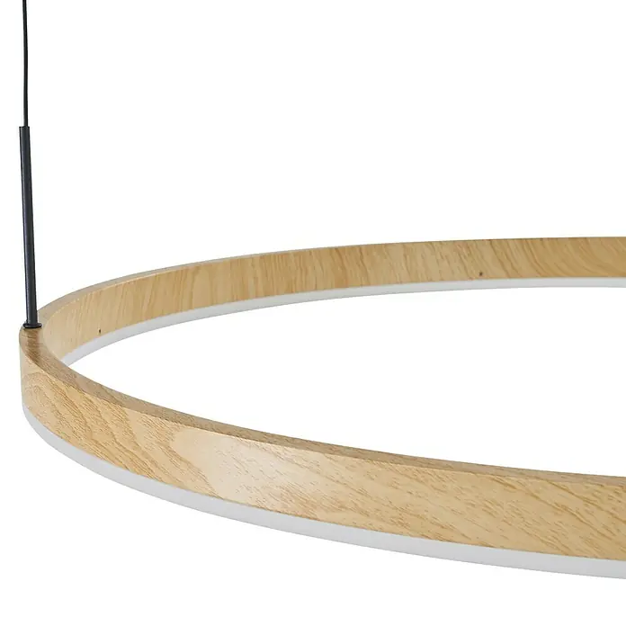 Direct Signs LED-Pendelleuchte rund Noble Akus – CCT - 50 W, Ø x H: 80 x 150 cm, Holzdekor, Warmweiß - Runde Holz-Pendelleuchte mit weißem Diffusor-Lichtstreifen und schwarzem Aufhängungskabel.