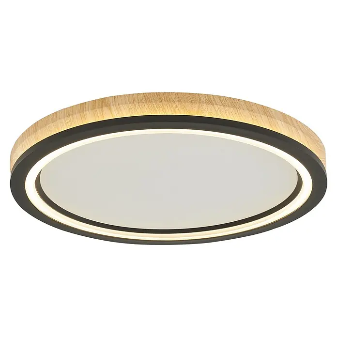 Direct Signs LED-Deckenleuchte rund Tobi Akus - 48 W, Ø x H: 44,4 cm x 43 mm, Schwarz, Holzoptik, Warmweiß - Beleuchtete runde LED-Deckenleuchte mit heller Holzmaserung und schwarzem Rand.