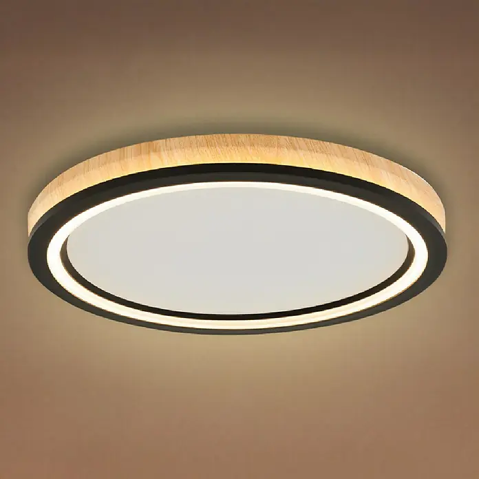 Direct Signs LED-Deckenleuchte rund Tobi Akus - 48 W, Ø x H: 44,4 cm x 43 mm, Schwarz, Holzoptik, Warmweiß - Runde Deckenleuchte mit hellem Holz- und schwarzem Rahmen, mit leuchtendem weißem Diffusor.