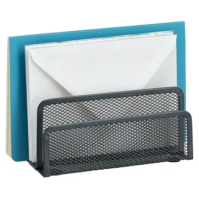 Zeller Present Schreibtisch-Organizer Briefablage Mesh - 17,5 x 8,5 x 13,5 cm, Metall, Anthrazit - Schwarzer Metallgitter-Schreibtisch-Organizer mit blauen Ordnern und weißen Umschlägen.