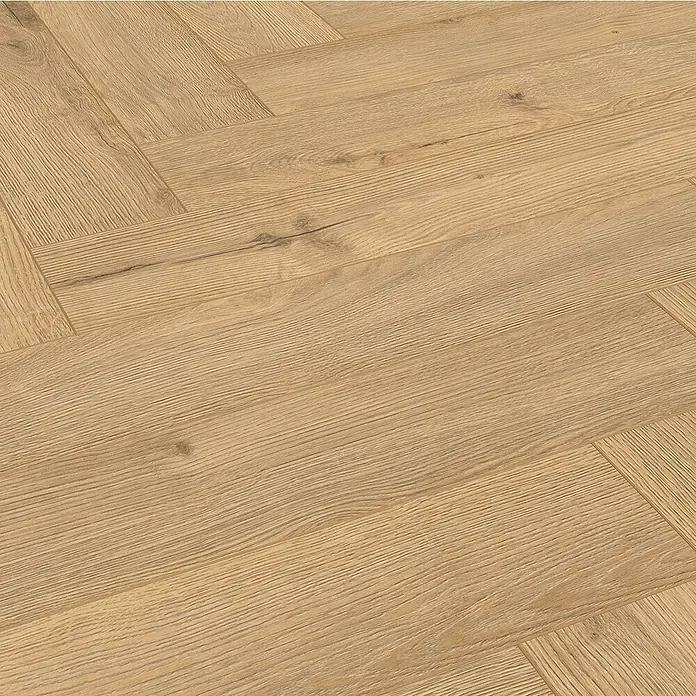 LOGOCLIC Vinto Laminat Herringbone - Galaxy Oak, Landhausdiele, 630 x 126 x 8 mm - Heller Holzfußboden in Fischgrätmusterung mit natürlicher Maserung.