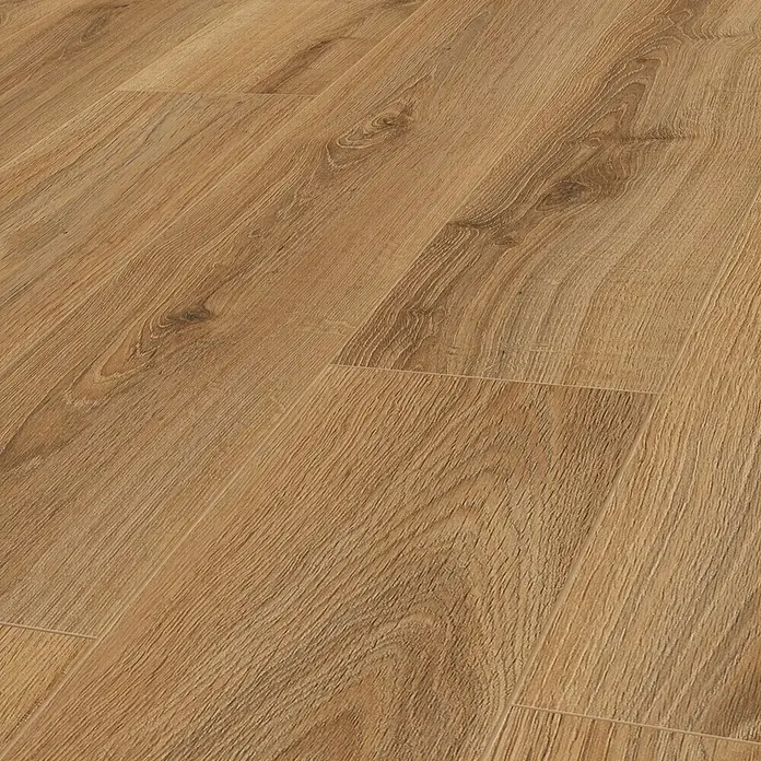 LOGOCLIC Edition Laminatmuster Lagoon - 300 x 245 x 8 mm, Landhausdiele - Hellesbraunes Laminatboden mit ausgeprägter Holzmaserung, diagonal verlegt.