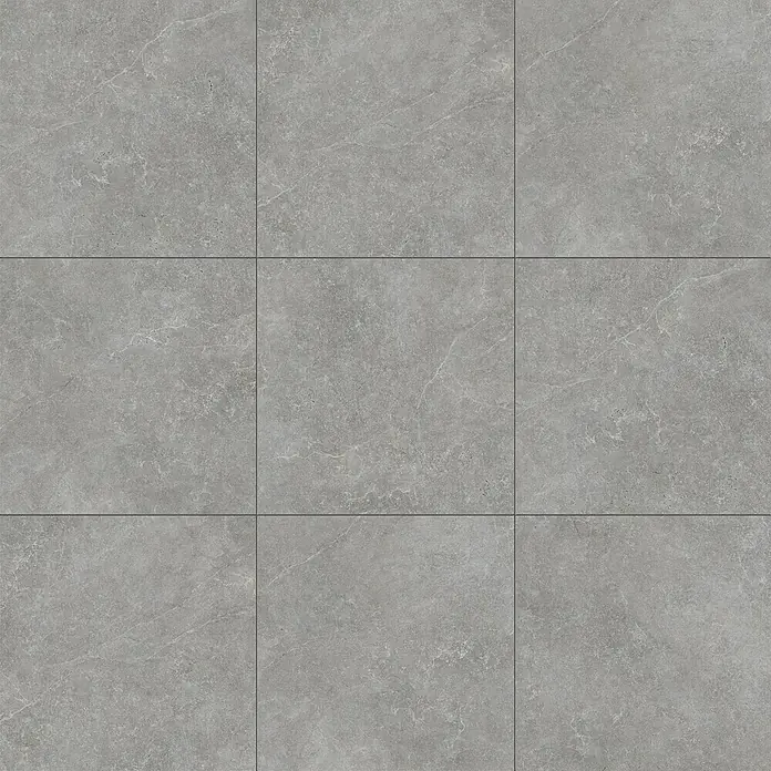 DryTile Feinsteinzeugfliese Silkstone Schlamm - 60 x 60 cm, Grau, Matt - Graue Fliesen in Steinoptik mit leichter Maserung, in einem Gittermuster für Boden- oder Wandbelag.