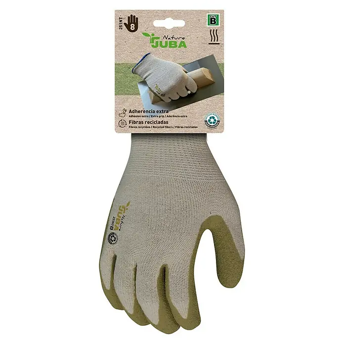 Juba Guantes de trabajo H251NT - 9, Beige/Mostaza, Poliéster/Algodón/Látex - Guante de trabajo blanco de punto con palma y puntas de los dedos verde oliva, con etiqueta 'Nature JUBA' que destaca agarre extra y fibras recicladas.