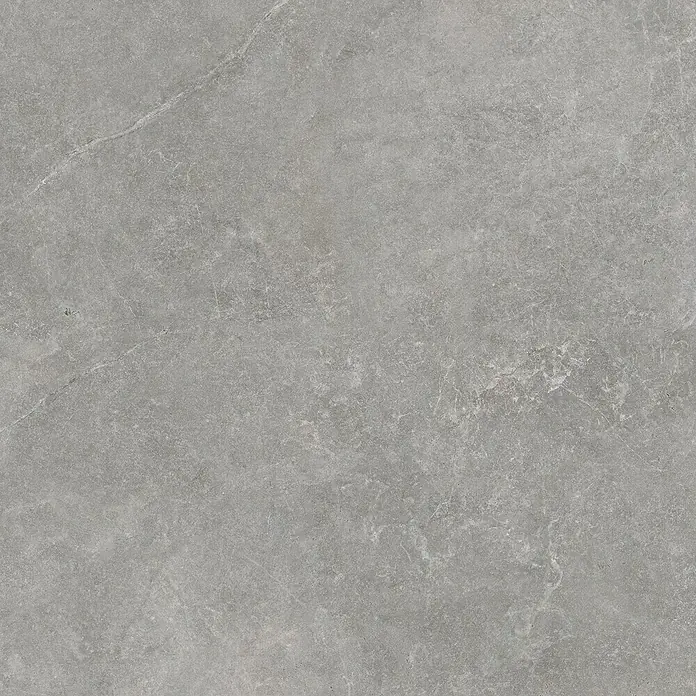 DryTile Feinsteinzeugfliese Silkstone Schlamm - 60 x 60 cm, Grau, Matt - Hellgraue steinähnliche Textur mit subtilen, helleren Adern und einer melierten, leicht rauen Oberfläche.