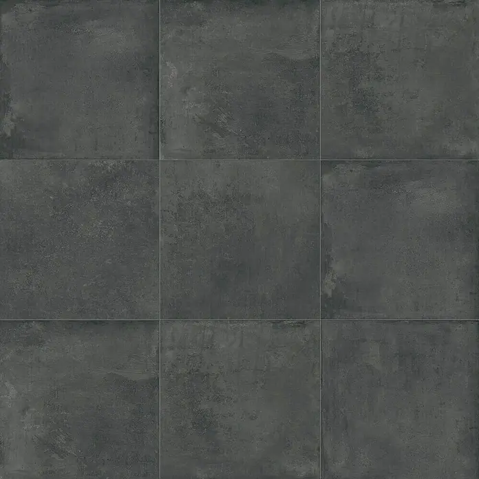 DryTile Feinsteinzeugfliese Studio Asphalt - 60 x 60 cm, Anthrazit, Matt - Dunkelgraue Fliesen in Betonoptik mit feinen Fugen, ideal für moderne Böden oder Wände.