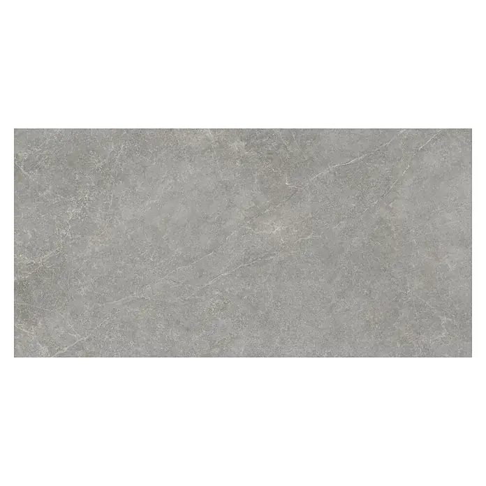DryTile Feinsteinzeugfliese Silkstone Schlamm - 60 x 120 cm, Grau, Matt - Rechteckige graue Marmorfliese mit subtiler weißer Maserung.