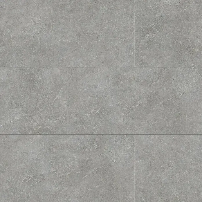 DryTile Feinsteinzeugfliese Silkstone Schlamm - 60 x 120 cm, Grau, Matt - Graue Fliesen in Marmoroptik mit sichtbaren Fugen.