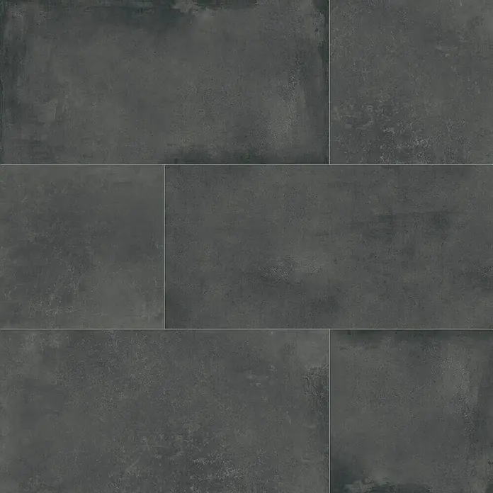 DryTile Feinsteinzeugfliese Studio Asphalt - 60 x 120 cm, Anthrazit, Matt - Dunkelgraue, matte rechteckige Betonoptik-Bodenfliesen mit feiner Textur und Fugen.
