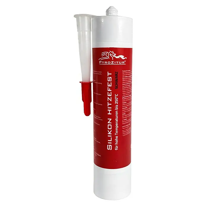 Ofen- & Kamin-Silikon - 310 ml, Schwarz - Rote und weiße Tube hochtemperaturbeständiges schwarzes Silikon mit Applikator.