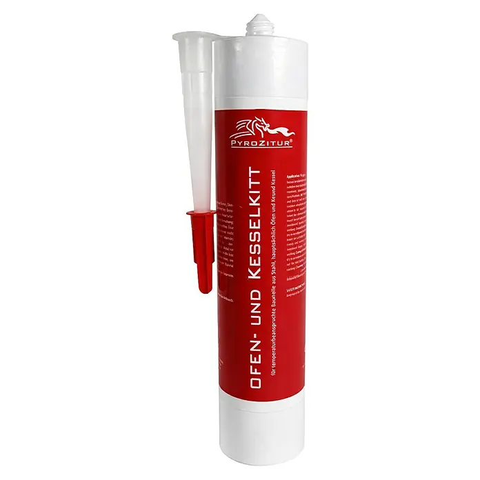 Ofen- & Kesselkitt - Nettovolumen: 310 ml - Rote und weiße Tube PYROZITUR Ofen- und Kesselkitt mit weißer Applikatordüse.