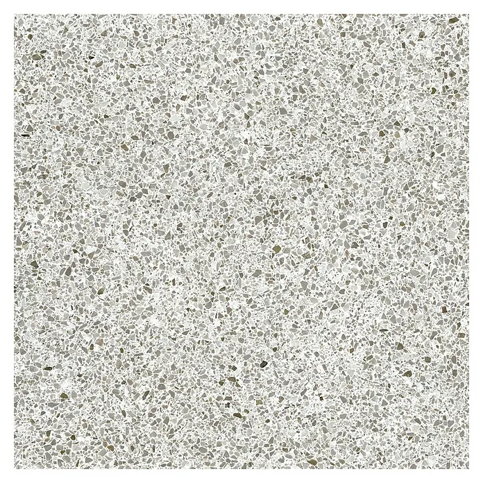 DryTile Feinsteinzeugfliese Terrazzo Ivory - 60 x 60 cm, Grau, Matt - Helle graue Terrazzo-Textur mit gemischten hell- und dunkelgrauen, weißen und beigen Aggregaten.