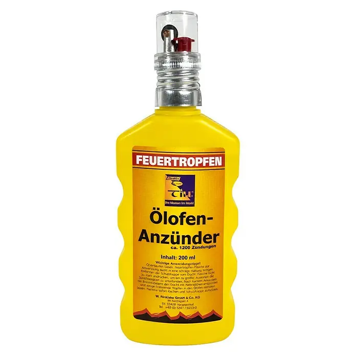 Ölofenanzünder - Nettovolumen: 200 ml - Gelbe Flasche Feuertropfen Ölofen-Anzünder mit Metallschraubverschluss und integriertem Feuerzeug. Inhalt: 200ml.