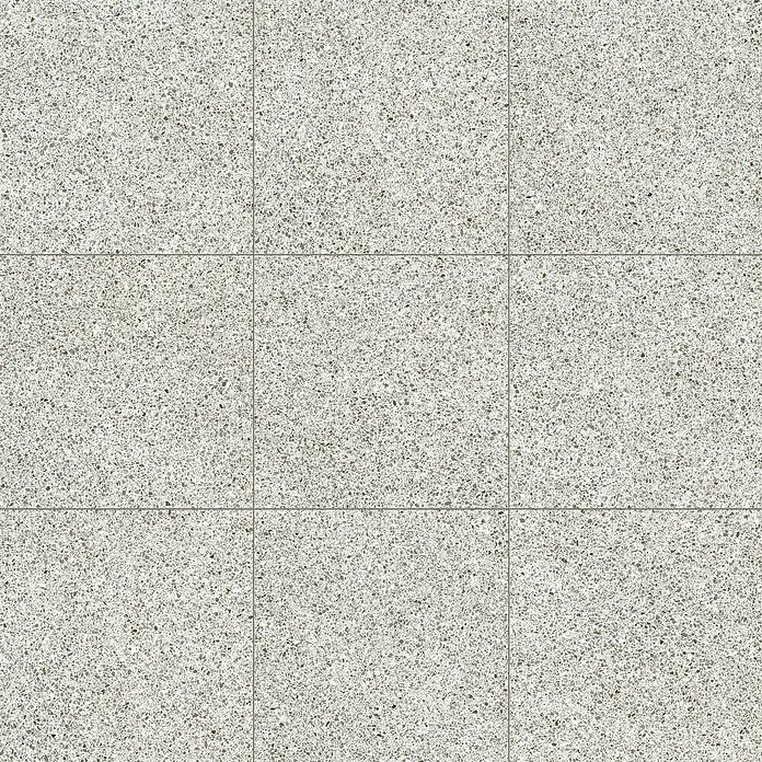 DryTile Feinsteinzeugfliese Terrazzo Ivory - 60 x 60 cm, Grau, Matt - Raster aus quadratischen hellgrau gesprenkelten Terrazzo-Bodenfliesen.
