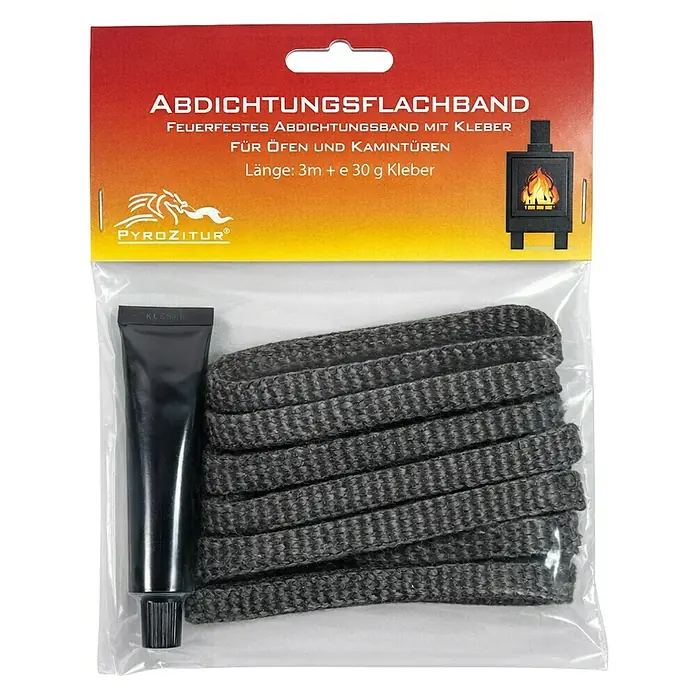 Abdichtungsband - L x B: 3.000 x 10 mm, Schwarz - Verpacktes feuerfestes, dunkelgraues Abdichtungsflachband mit schwarzer Klebertube für Öfen und Kamintüren.