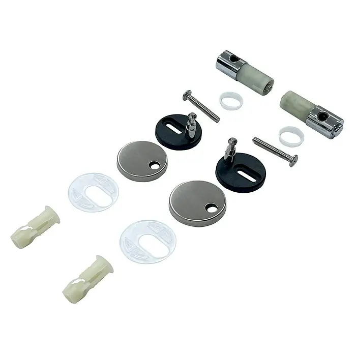 Poseidon Ersatzscharnierbefestigungs-Set - L x B: 4 x 7,7 cm, Kunststoff, Passend für: WC-Sitze aus Duroplast - Toilettensitzscharnier-Reparaturset mit verchromten Abdeckungen, schwarzen Kunststoffbasen, Schrauben, weißen Ringen, zylindrischen Scharnieren und Kunststoffdübeln.