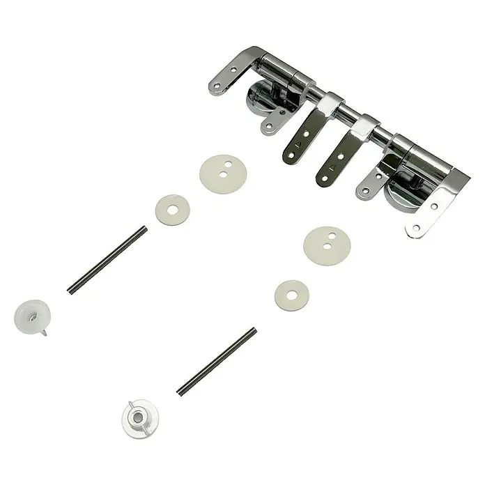 Poseidon Ersatzscharnierbefestigungs-Set - L x B: 7 x 22 cm, Metall, Passend für: Poseidon WC-Sitz Kidi - Verchromte Toilettensitzscharniere mit weißen Kunststoffscheiben, Einsätzen und Metallbefestigungsschrauben.