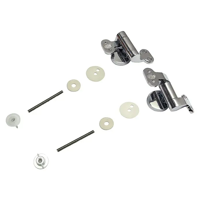 Poseidon Ersatzscharnierbefestigungs-Set - L x B: 6 x 8,5 cm, Metall, Passend für: WC-Sitze aus MDF, Ermöglicht Absenkautomatik - Verchromte Toilettensitzscharniere mit Gewindestangen, weißen Kunststoffunterlegscheiben und Befestigungen.