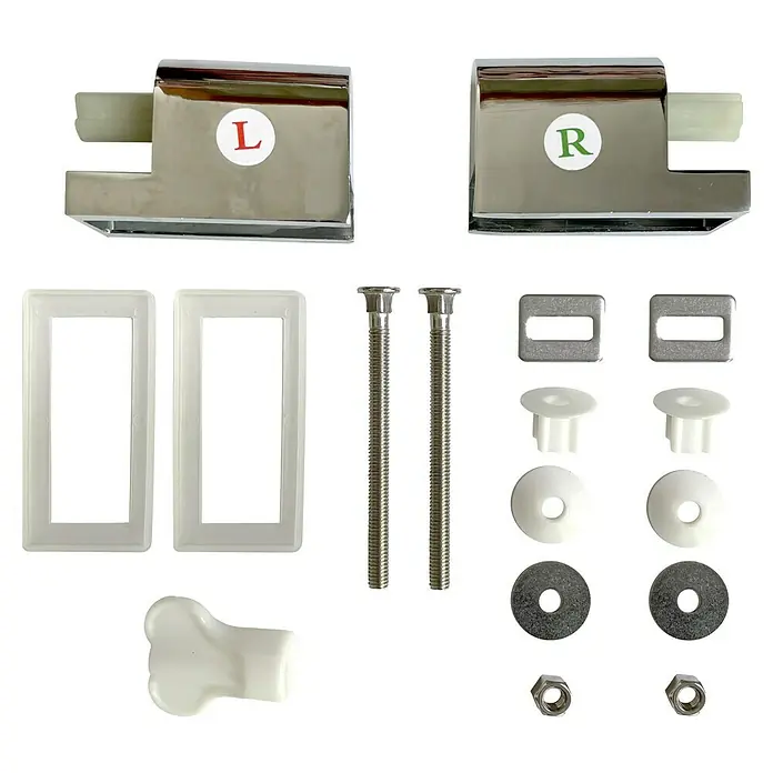 Poseidon Ersatzscharnierbefestigungs-Set - L x B: 4 x 6,5 cm, Kunststoff, Passend für: WC-Sitze aus Duroplast - Toilettensitz-Befestigungsset mit verchromten Scharnieren (L/R), Schrauben, Unterlegscheiben, Muttern und Kunststoffteilen.