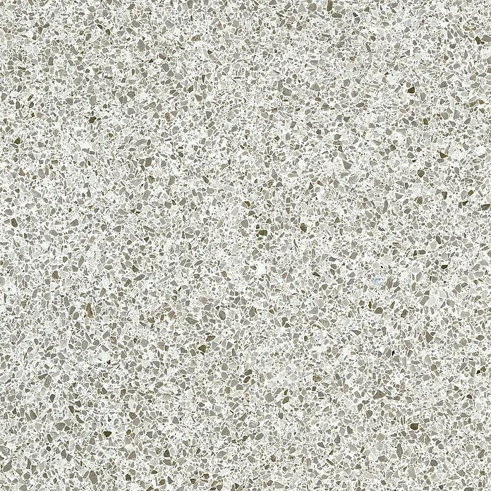 DryTile Feinsteinzeugfliese Terrazzo Ivory - 60 x 60 cm, Grau, Matt - Helle beigefarbene Terrazzotextur mit kleinen, unregelmäßigen grauen und braunen Steinsplittern für Böden oder Oberflächen.