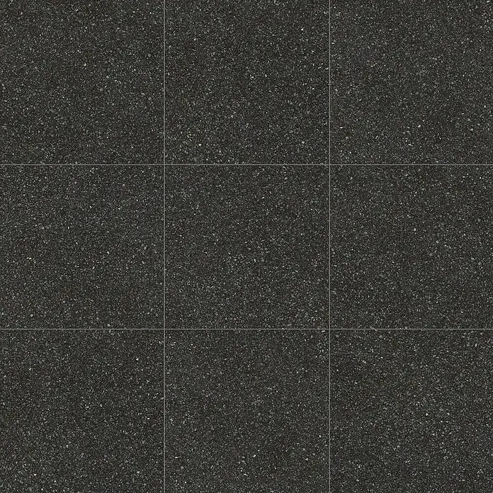 DryTile Feinsteinzeugfliese Terrazzo Black - 60 x 60 cm, Schwarz, Matt - Dunkelgraue Granulatfliesen mit sichtbaren Fugen.