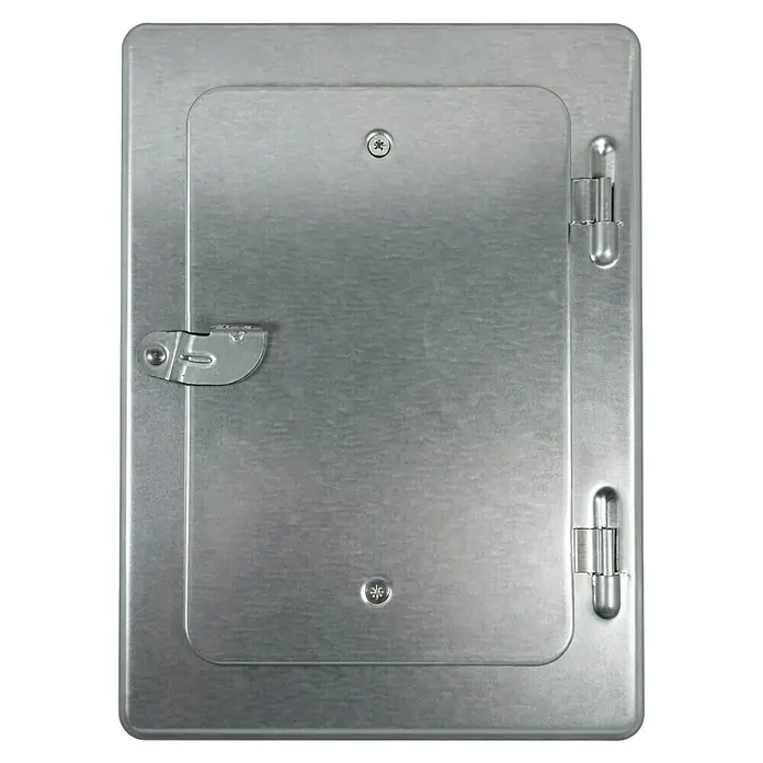 Kamintür - B x H: 19 x 20 cm, Hitzebeständigkeit: 400 °C - Silberne Metall-Revisionsklappe mit Scharnieren, Riegel und zwei Torx-Schrauben.