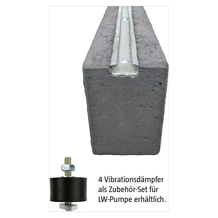 Christoph Fundamentstein Energy - 100 x 11 x 17 cm, Beton, Anthrazit - Dunkelgrauer Betonblock mit Metallschiene und schwarzer Gummi-Vibrationsdämpfer mit Metallschraube.