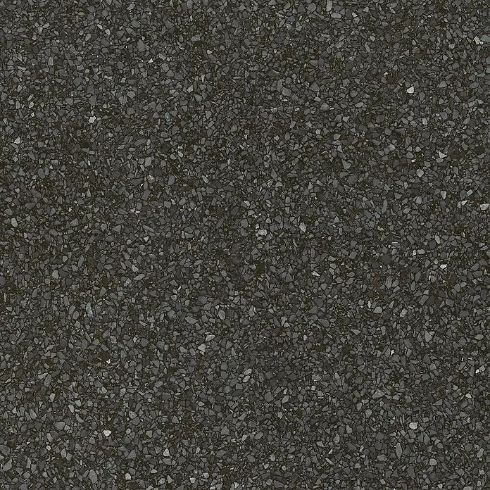 DryTile Feinsteinzeugfliese Terrazzo Black - 60 x 60 cm, Schwarz, Matt - Nahtlose Textur aus dunkelgrauem Asphalt mit zahlreichen kleinen, kantigen Schottersteinen.