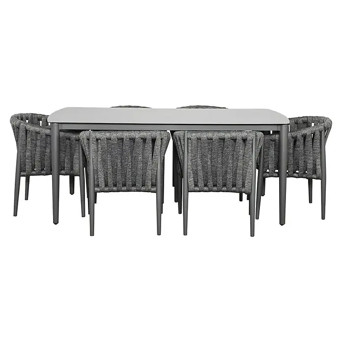 Gartentisch - L x B x H: 180 x 90 x 74 cm, Aluminium, Keramik, Rechteckig, Anthrazit, inklusive Schutzhülle - Graue Outdoor-Essgruppe mit rechteckigem Tisch und sechs Stühlen mit geflochtenen Seilrückenlehnen.