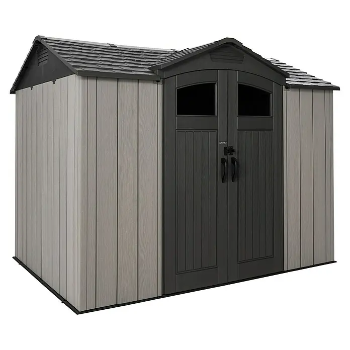 Lifetime Gerätehaus Ohio - Kunststoff, Grau, Außenmaß inkl. Dachüberstand (B x T): 283,5 x 214,1 cm - Hellgraues Kunststoff-Gartenhaus mit dunkelgrauem Dach und Doppeltüren mit schwarzen Griffen und Rundbogenfenstern.