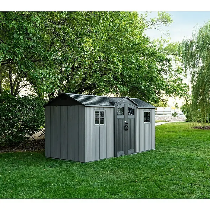 Lifetime Gerätehaus Kentucky - Kunststoff, Grau, Außenmaß inkl. Dachüberstand (B x T): 427 x 206 cm - Ein großer, moderner grauer und hellgrauer Schuppen mit zwei Fenstern und Doppeltüren.