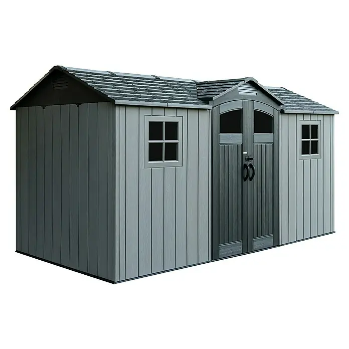 Lifetime Gerätehaus Kentucky - Kunststoff, Grau, Außenmaß inkl. Dachüberstand (B x T): 427 x 206 cm - Graues Gartenhaus aus Kunststoff mit dunkelgrauem Dach, Doppeltüren und zwei Fenstern zur Aufbewahrung im Freien.