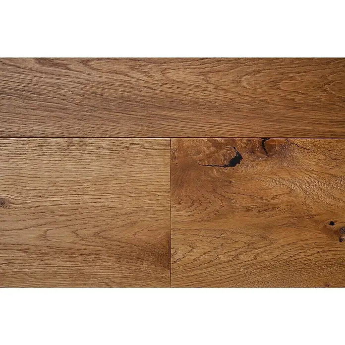 Parkett - Eiche Bernau, Landhausdiele, 1.900 x 190 x 14 mm - Hell- bis mittelbraune Eichenparkettdielen mit sichtbarer Maserung und natürlichen Ästen.