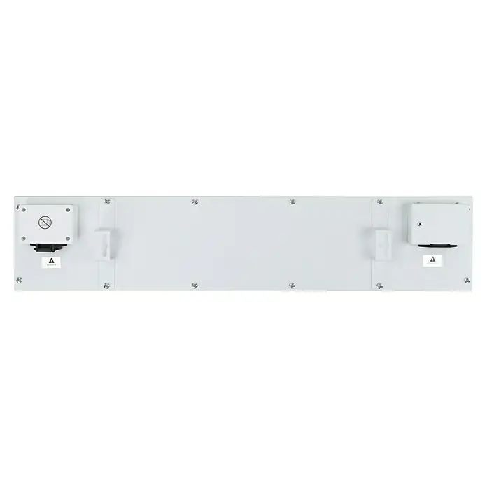 E2 elektro Schimmelschutz Anti-Schimmelheizer SICCOErweiterung - 602 x 44 mm, Weiß - Weißes, rechteckiges Stromverteilerpanel mit 'Power In' und 'Power Out' Modulen, Montagehalterungen und Schrauben.