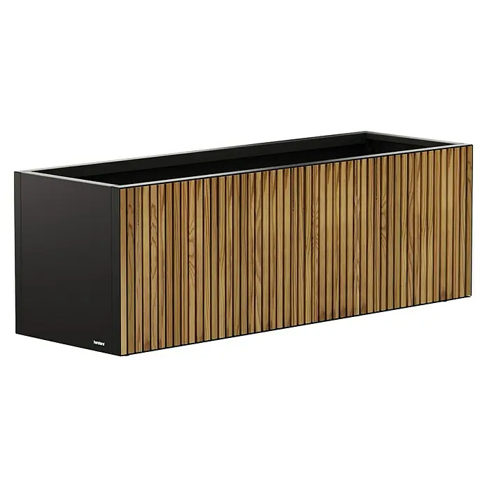 Herstera Garden Pflanzkasten Deco Planter - Außenmaß (L x B x H): 150 x 50 x 50 cm, Holz, Braun/Schwarz - Rechteckiger Pflanzkübel mit dunkelgrauem Rahmen und Vorderseite aus hellen Holzlamellen.