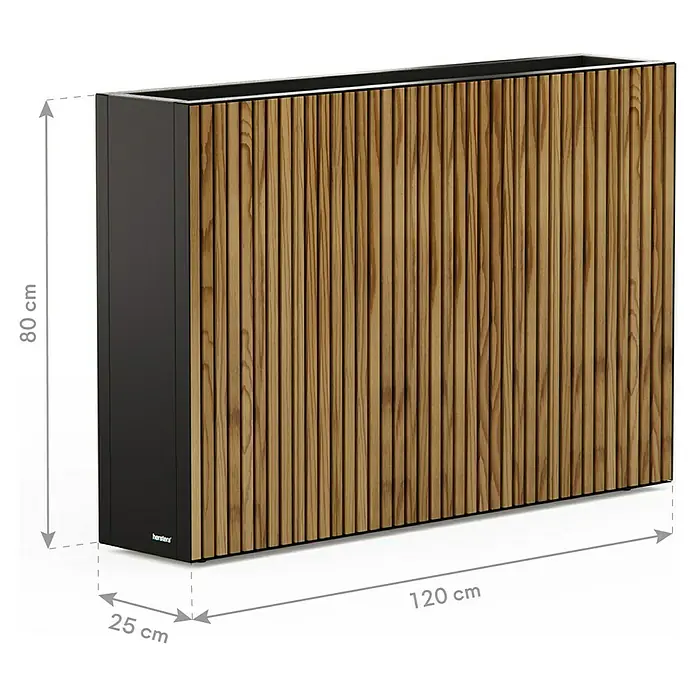 Herstera Garden Pflanzkasten Deco Planter - Außenmaß (L x B x H): 120 x 25 x 80 cm, Holz, Braun/Schwarz - Ein hoher rechteckiger Pflanzkübel mit schwarzem Rahmen und Holzlamellenfront.