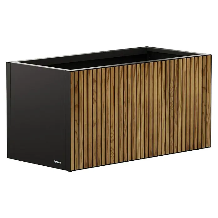 Herstera Garden Pflanzkasten Deco Planter - Außenmaß (L x B x H): 100 x 50 x 50 cm, Holz, Braun/Schwarz - Rechteckiger dunkelgrauer Metall-Pflanzkübel mit vertikalen Holzlamellen an der Vorderseite.