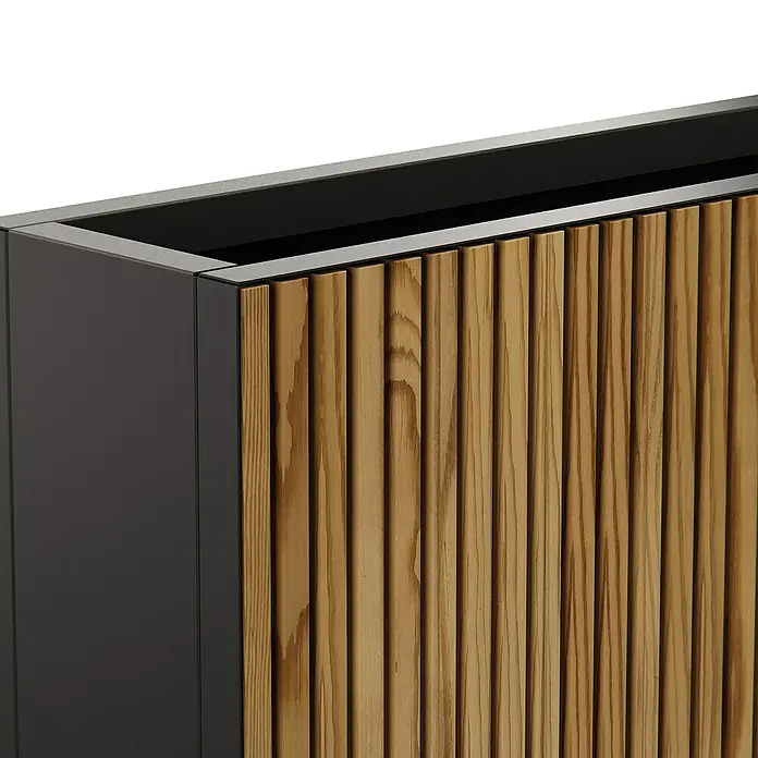 Herstera Garden Pflanzkasten Deco Planter - Außenmaß (L x B x H): 120 x 25 x 80 cm, Holz, Braun/Schwarz - Rechteckiger Pflanzkübel mit dunkelgrauem Metallrahmen und heller Holzlamellenfront.