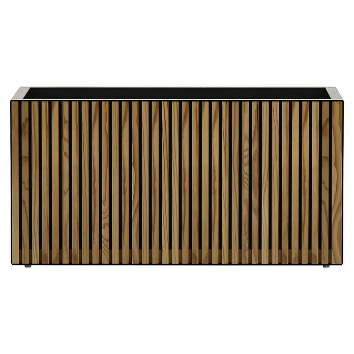 Herstera Garden Pflanzkasten Deco Planter - Außenmaß (L x B x H): 100 x 50 x 50 cm, Holz, Braun/Schwarz - Lamellen-Pflanzkübel aus Holz mit schwarzer Innenseite und grauem Rand.