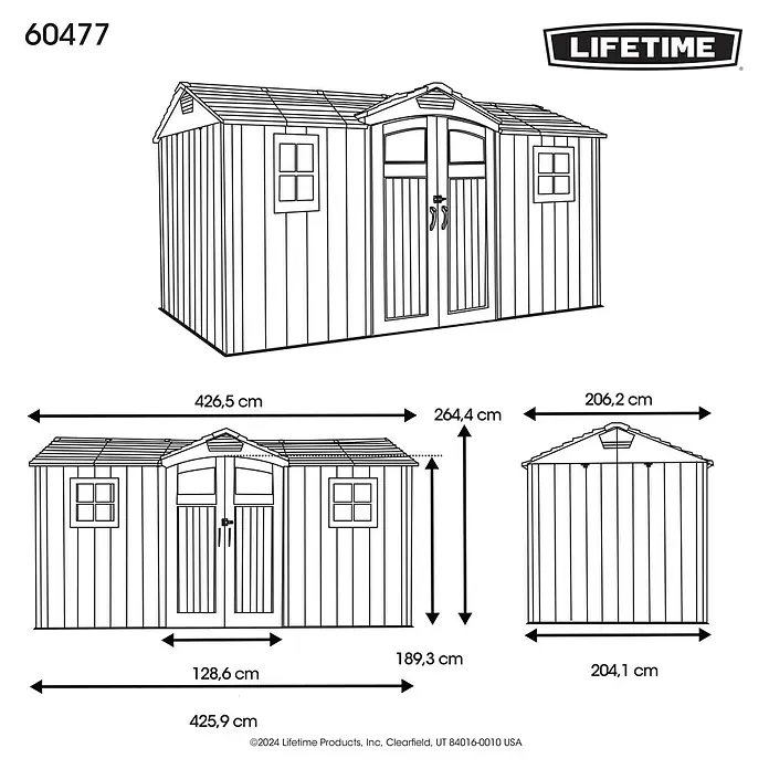 Lifetime Gerätehaus Kentucky - Kunststoff, Grau, Außenmaß inkl. Dachüberstand (B x T): 427 x 206 cm - Strichzeichnung eines Lifetime Geräteschuppens mit Doppeltüren, Fenstern und detaillierten Außenmaßen.