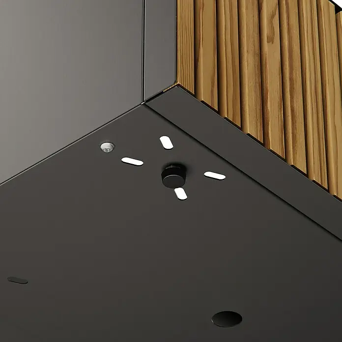 Herstera Garden Pflanzkasten Deco Planter - Außenmaß (L x B x H): 150 x 50 x 50 cm, Holz, Braun/Schwarz - Dunkle Platte mit schwarzem Drehknopf, vier weißen Anzeigelampen und kleinem Sensor, gepaart mit vertikalem Holzlatten-Design.