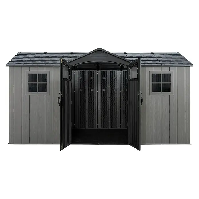 Lifetime Gerätehaus Kentucky - Kunststoff, Grau, Außenmaß inkl. Dachüberstand (B x T): 427 x 206 cm - Grauer Kunststoff-Gartenschuppen mit Schindeldach, zwei Fenstern und weit geöffneten Türen, die den Innenraum zeigen.
