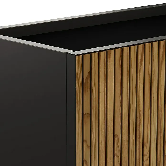 Herstera Garden Pflanzkasten Deco Planter - Außenmaß (L x B x H): 100 x 50 x 50 cm, Holz, Braun/Schwarz - Dunkelgrauer Pflanzkübel mit Naturholzlamellenfront und hellgrauem Rand.