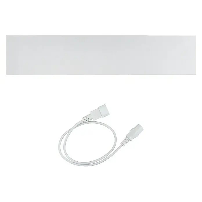 E2 elektro Schimmelschutz Anti-Schimmelheizer SICCOErweiterung - 602 x 44 mm, Weiß - Weißes rechteckiges LED-Panel und ein passendes weißes Stromanschlusskabel.
