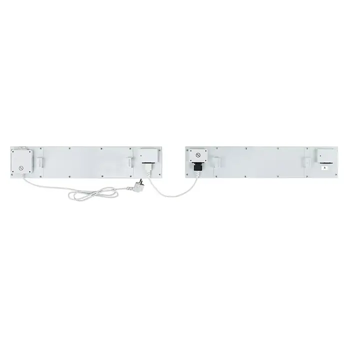 E2 elektro Schimmelschutz Anti-Schimmelheizer SICCO Basis - 602 x 44 mm, Weiß - Weißes rechteckiges Elektro-Panel mit zwei Modulen und Verkabelung, inklusive Netzstecker und einem weiteren Stecker.