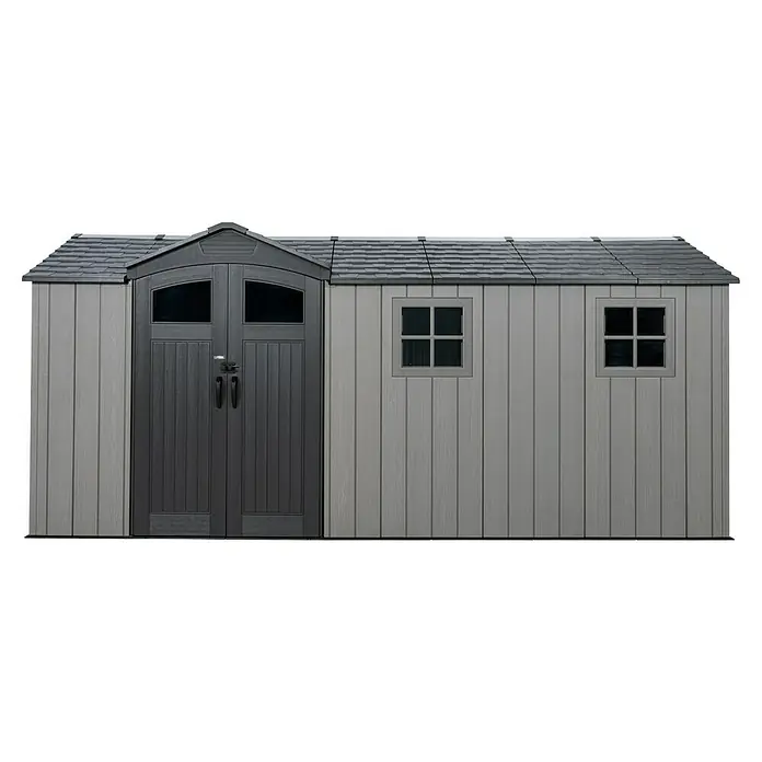 Lifetime Gerätehaus Idaho - Kunststoff, Grau, Außenmaß inkl. Dachüberstand (B x T): 498 x 214 cm - Hellgrauer Kunststoff-Gartenschuppen mit dunkelgrauen Doppeltüren und zwei Fenstern.